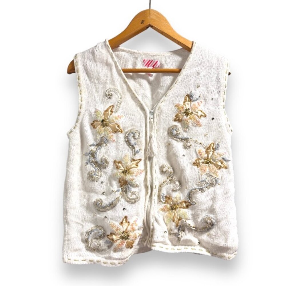 Winter White Embroidered Holiday Vest Ugly Christmas Sweater Womens Size Large